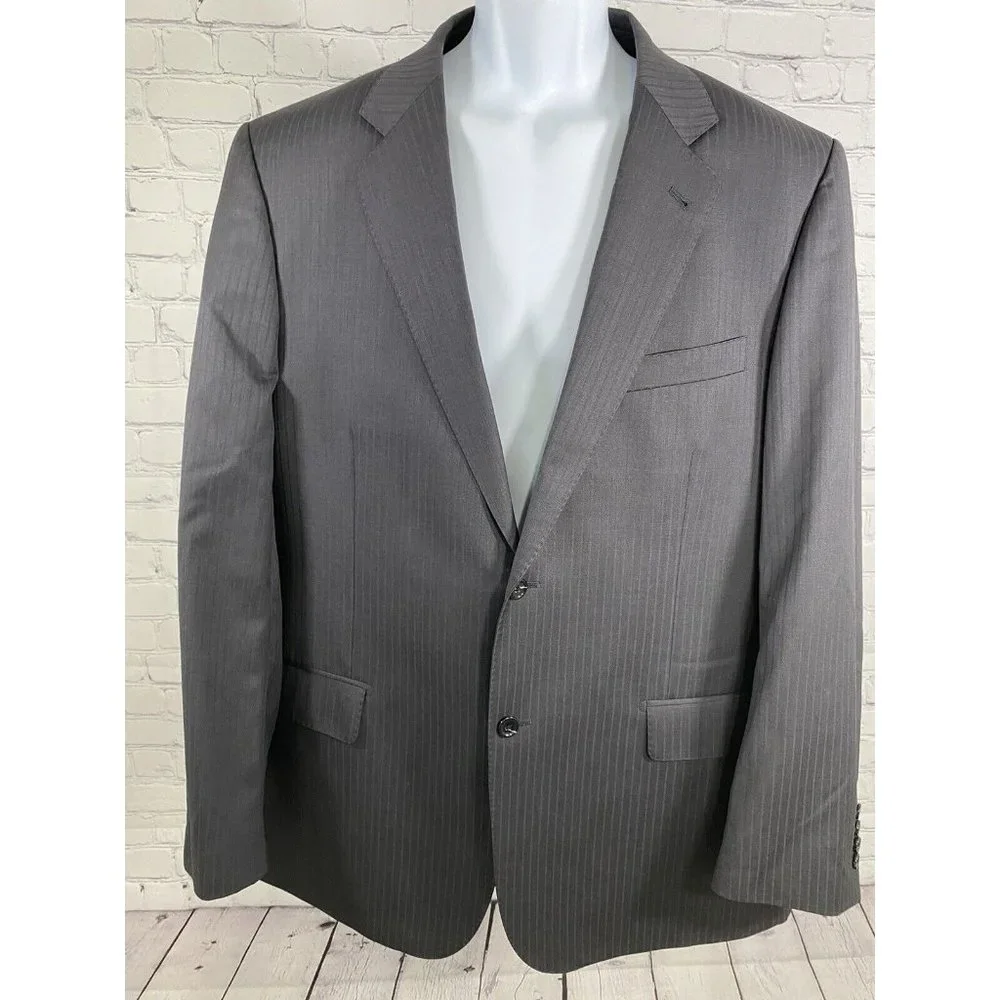 Baroni Couture Wool Super 100’s Black Stripe 2 Button Coat Blazer Jacket 48L